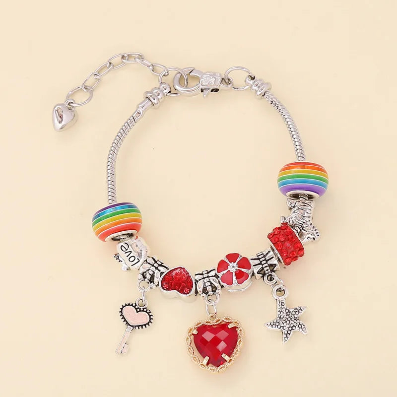 Trendy Colorful Pandora Lucky Rainbow Charm Bracelet | Four-Leaf Clover, Starfish & Heart Pendants