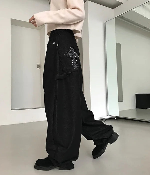High Waist Wide-Leg Floor-Length Denim Jeans for Women – American Retro Casual Workwear Pants with Beaded Details