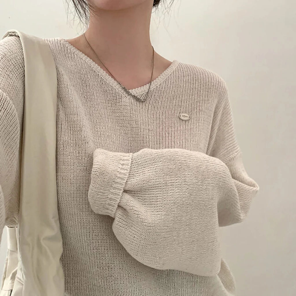 Loose Women’s Knitwear V-Neck Long Sleeve T-Shirt – Casual Comfortable Fashionable Autumn Top New Arrival