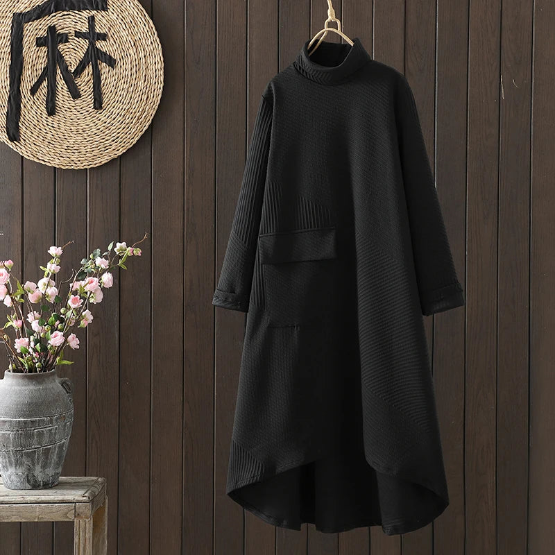 Retro Artistic High Collar Midi Dress – Autumn Winter Loose Fit Plus Size Korean Style Color-Block Commuting Dress for Women
