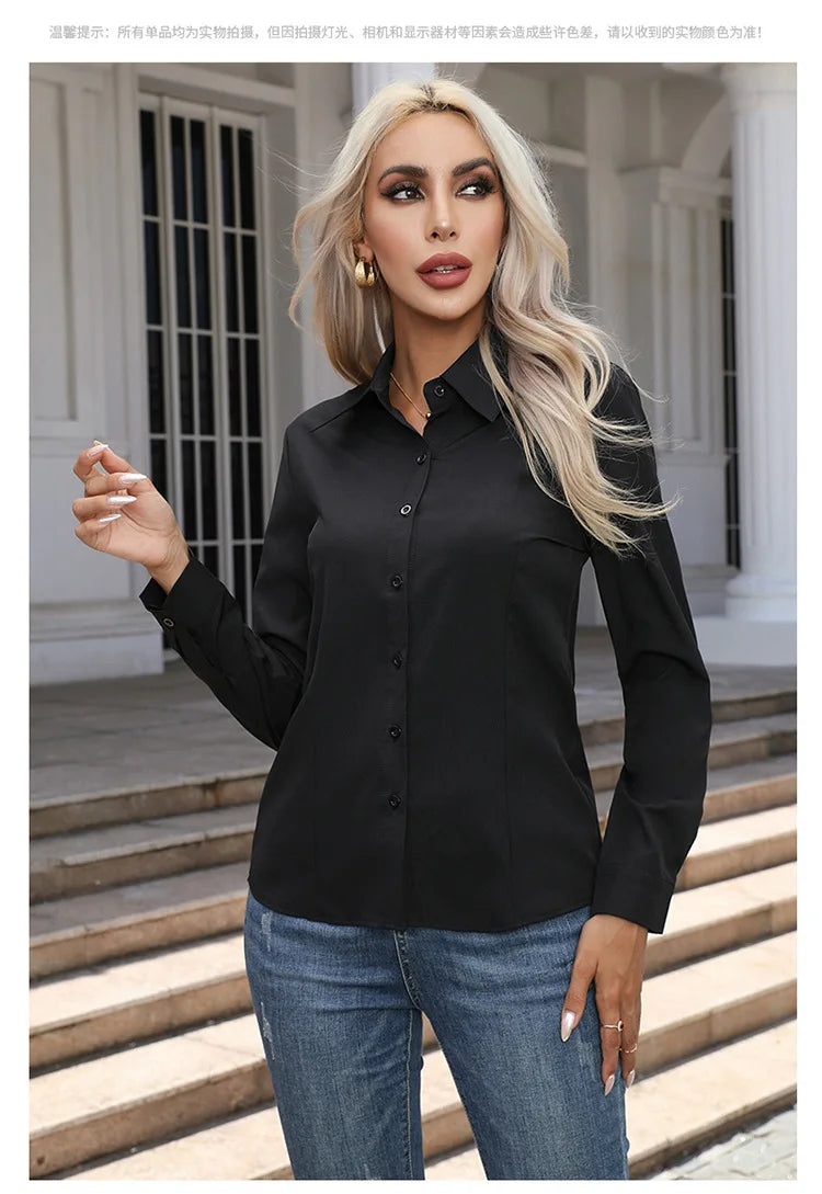 Women’s Solid Color Long Sleeve Shirt – Spring Autumn Casual Turn-Down Collar Loose Top