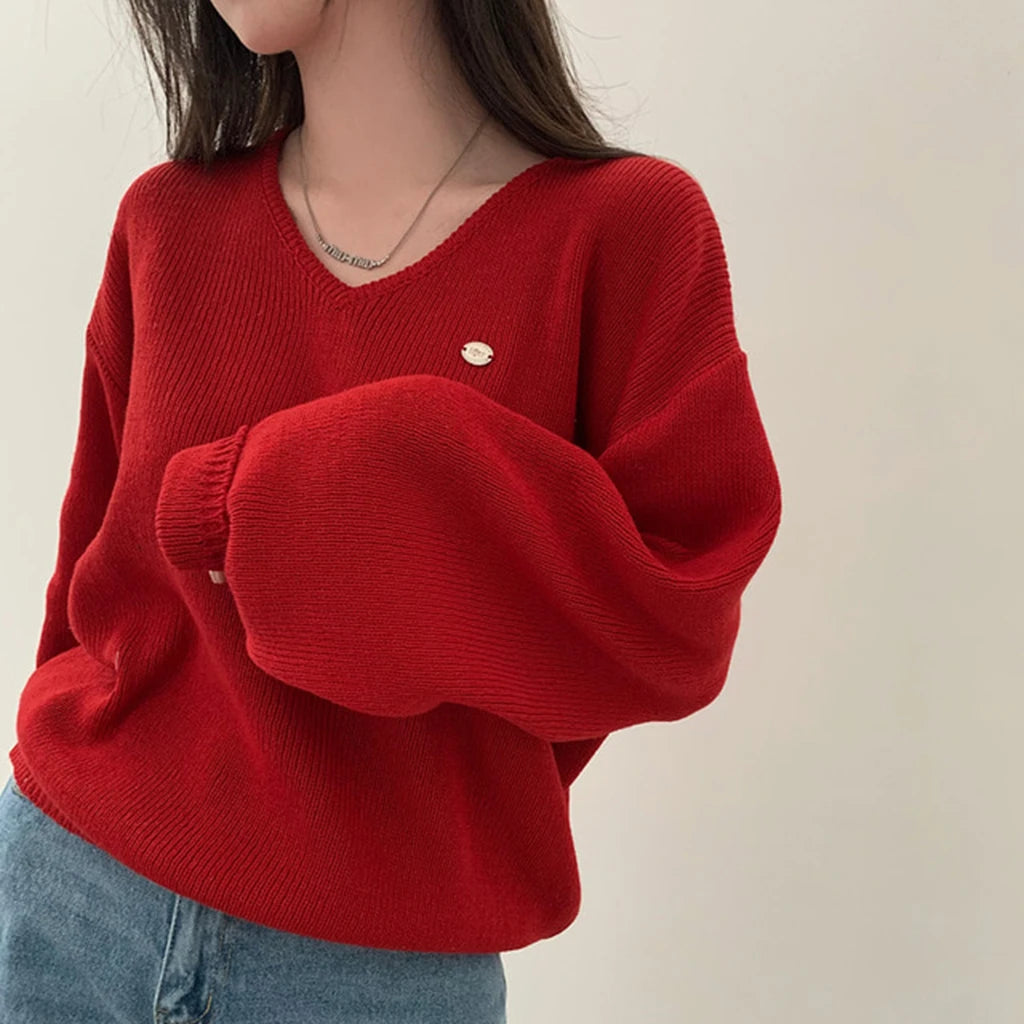 Loose Women’s Knitwear V-Neck Long Sleeve T-Shirt – Casual Comfortable Fashionable Autumn Top New Arrival