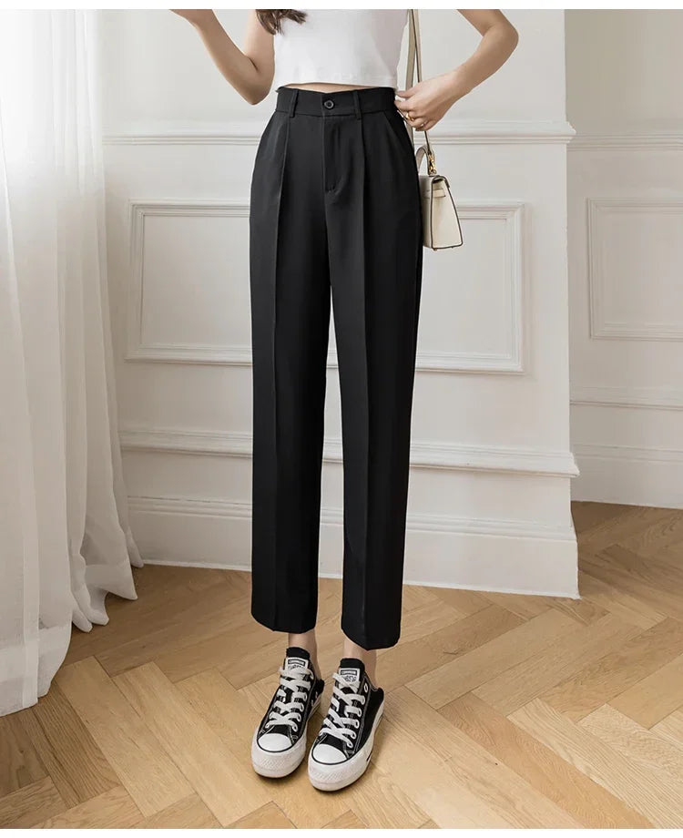 Women’s High Waist Suit Pants | Summer Black Harem Business Pants | Korean Style Pocket Thin Nine-Point Trousers