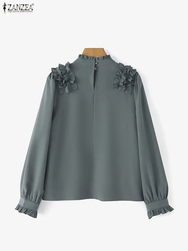 ZANZEA Stylish Ruffled Blouse – Women’s Long Sleeve Stand Collar OL Office Shirt 2025 👚✨