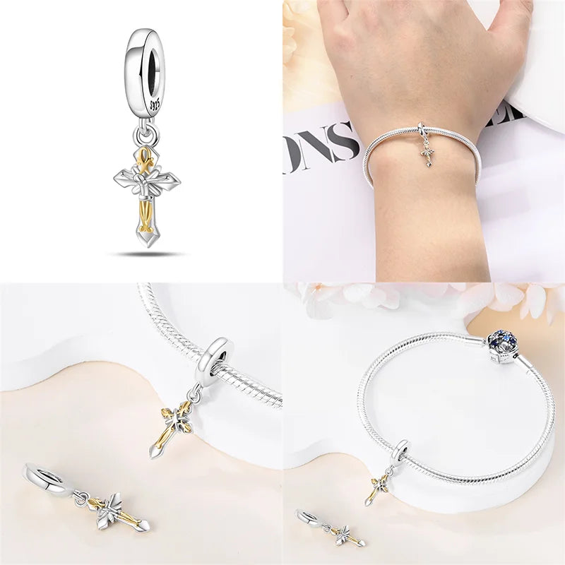 Hot Bible Cross Pink Zircon Charm – 925 Sterling Silver DIY Bracelet for Women