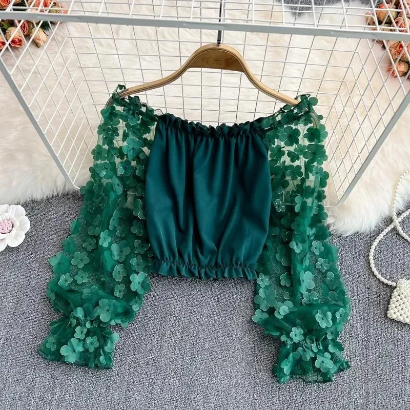 Women’s 2025 Flower 3D Slash Neck Long Sleeve Blouse – Korean Summer Fashion Top 🌸✨