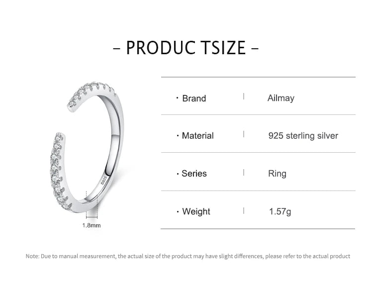 Ailmay 925 Sterling Silver Open Ring 💍 Sparkling CZ Adjustable Index Finger Ring for Women | Elegant Wedding & Engagement Jewelry