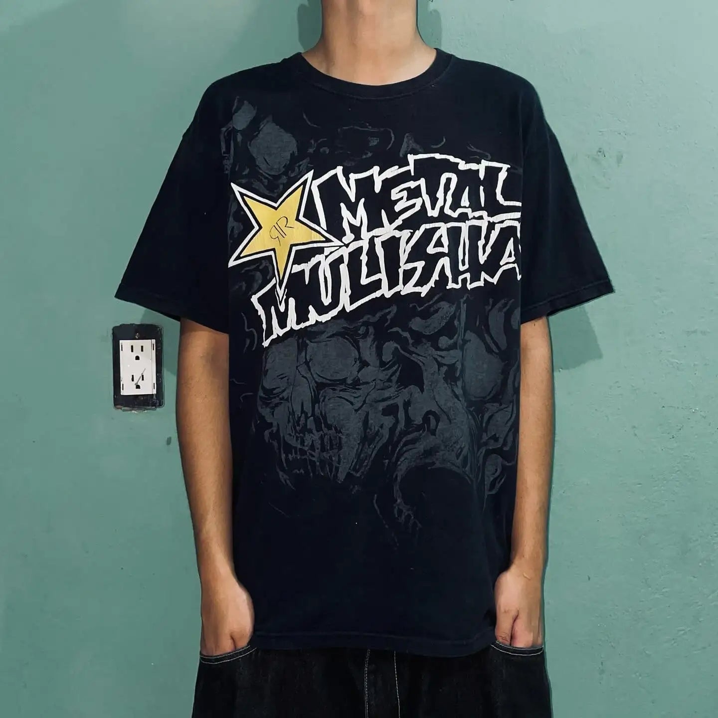 Vintage Avirex Black Short Sleeve T-Shirt | Rhinestone Double-Sided Print Retro Streetwear Top