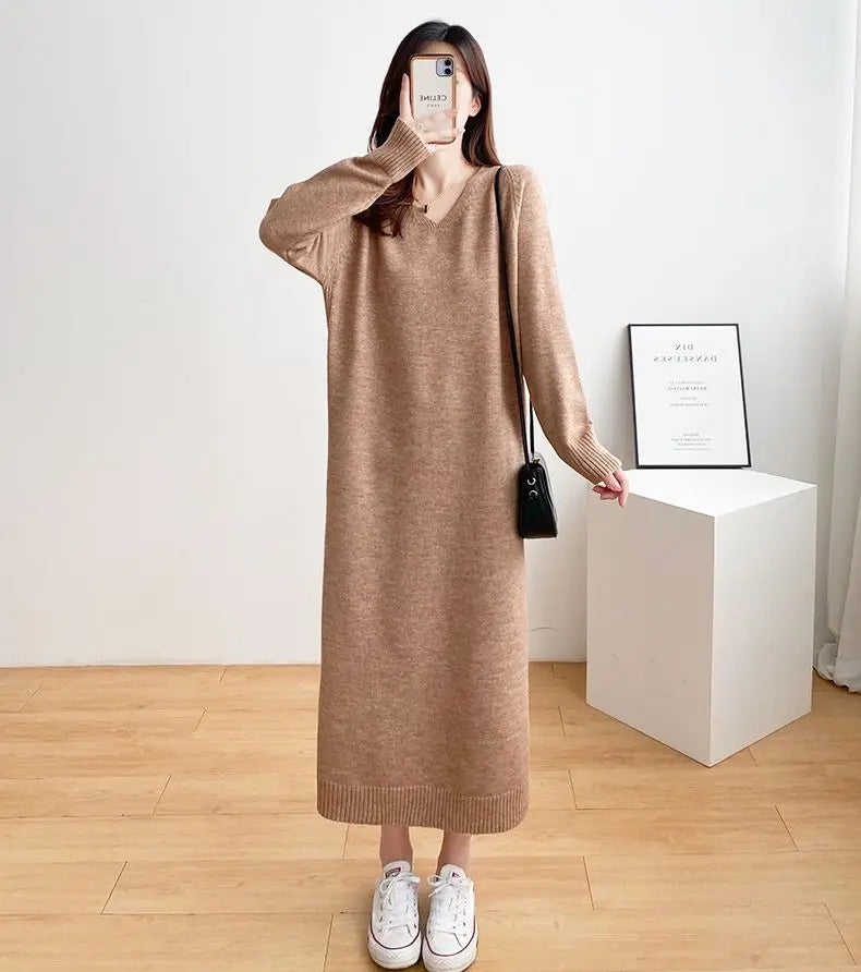 Ladies’ Knitted V-Neck Dress – Loose Fit Base Layer Skirt, Casual Straight Tube Korean Style Autumn Winter Dress