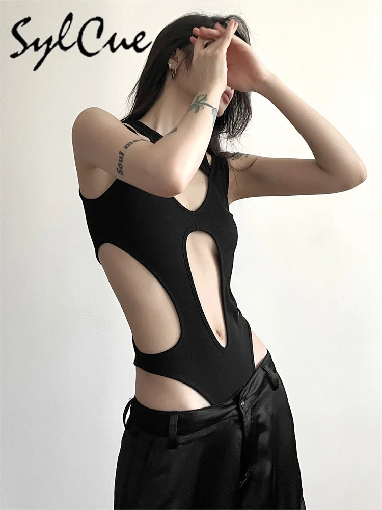 Sylcue Black Sexy Nightclub Jumpsuit – Hollow All-Match Trendy Women’s Tight Outfit 🌑✨