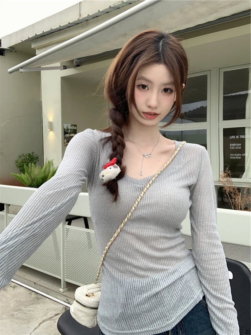 Slim Fit V-Neck Transparent Knitted Top for Women | Autumn 2024 Elegant Long Sleeve Thin Sweater | Classic Commuter Style