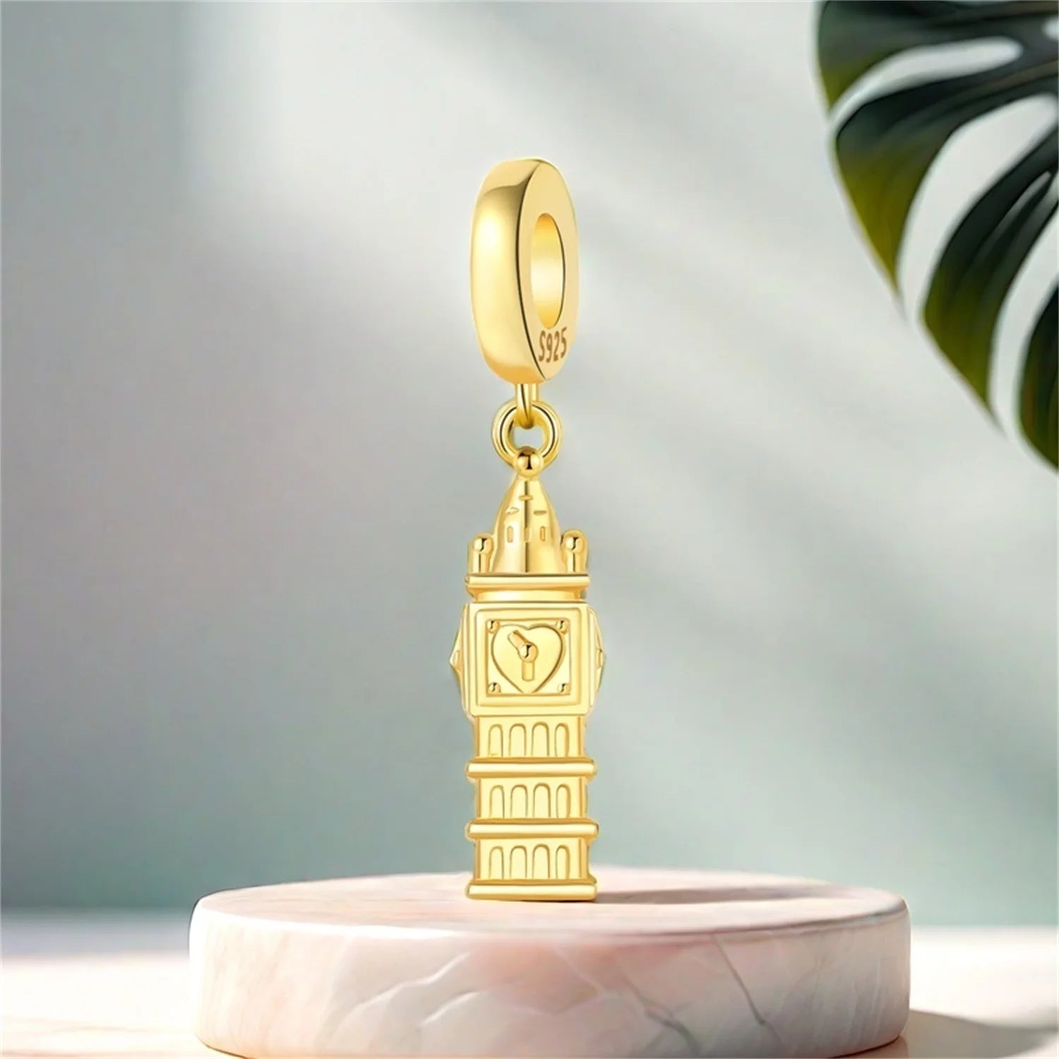 925 Sterling Silver Golden London Big Ben Charm Pendant | Travel Series Bead for Women DIY Bracelet Jewelry Gift