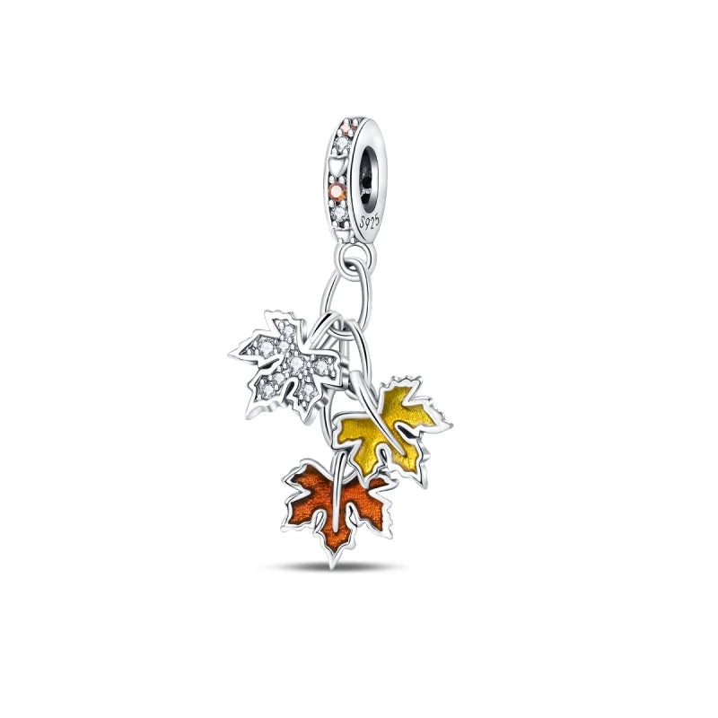 925 Sterling Silver Squirrel & Maple Leaf Charm | Shiny Zircon Autumn Beads Fit Pandora Bracelet DIY Jewelry