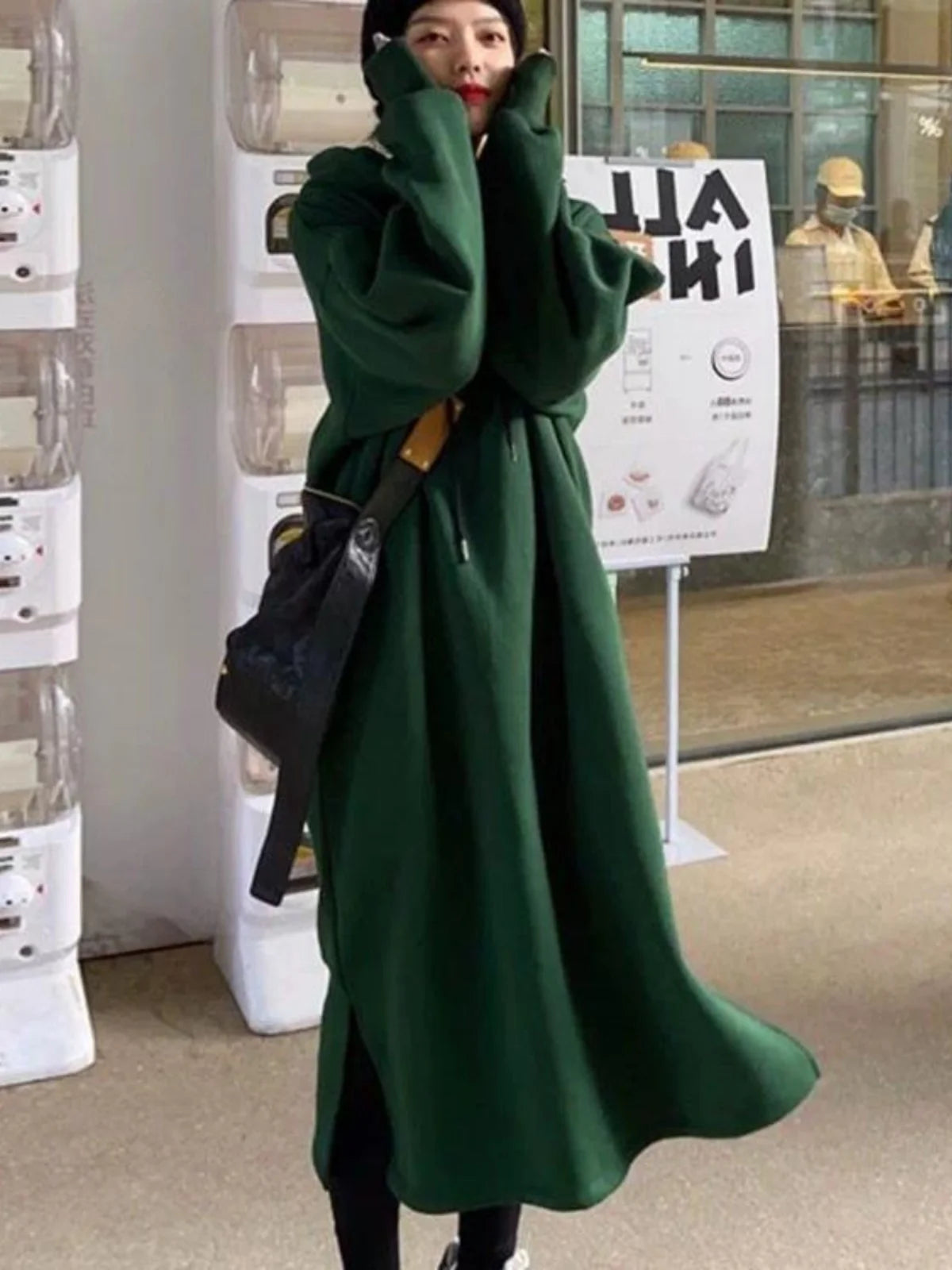 🔥 Plus Size Fleece-Lined Hooded Long Dress for Women 👗❄️ Thick Warm Winter Casual Slimming Korean Style Hoodie Dress ❤️