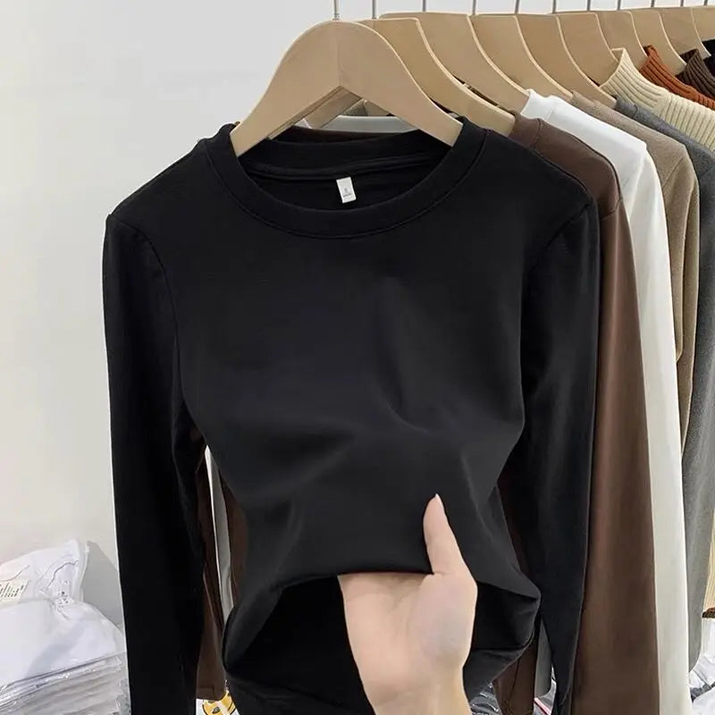 Women’s Winter Thickened Fleece-Lined Round Neck Long Sleeve Base Shirt | Slim Fit Solid Color Thermal Inner Wear Top