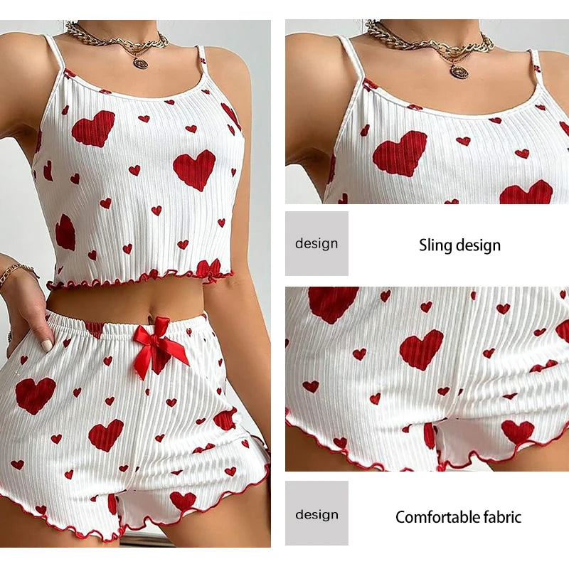 Women’s 2-Piece Pajamas Set – Short Tank Top & Shorts Sleepwear, Soft Casual Ventilated Loungewear with Love Print