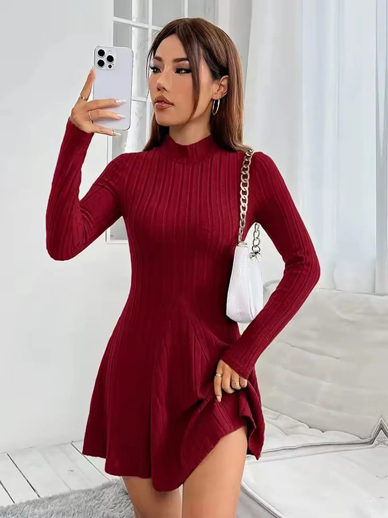 Women’s Slim Fit Half High Collar Dress – Waist Cinched A-Line Pit Stripe Long Sleeve Elegant Autumn Winter Dress