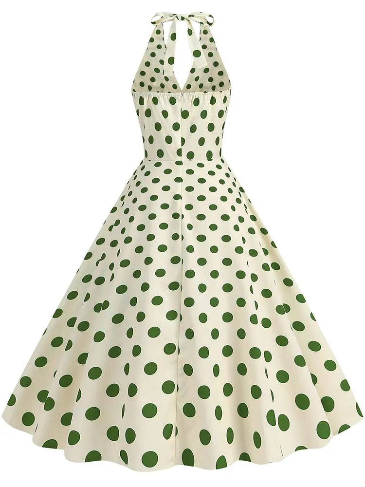 Women’s Vintage Halter Party Dress – Summer Polka Dot Midi Cocktail Prom Elegant Dress