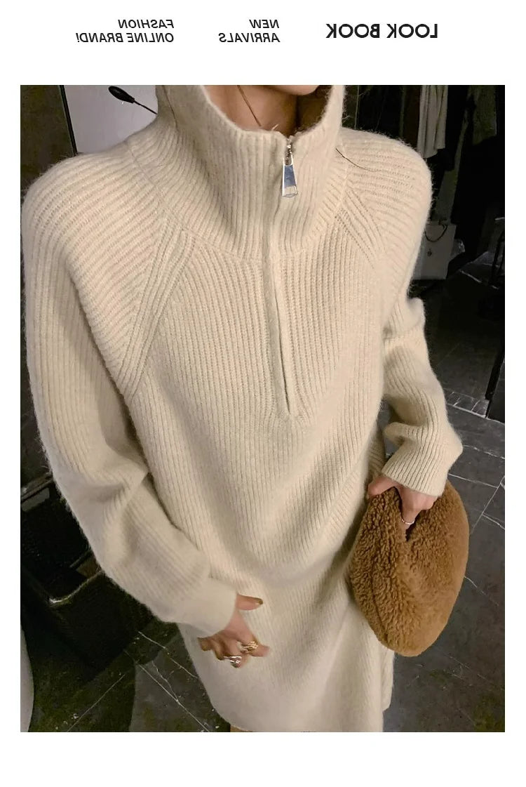 2025 Spring Autumn Knitted Midi Dress for Women | Long Sleeve Loose Fit Base Layer Straight Cut Polyester Dress