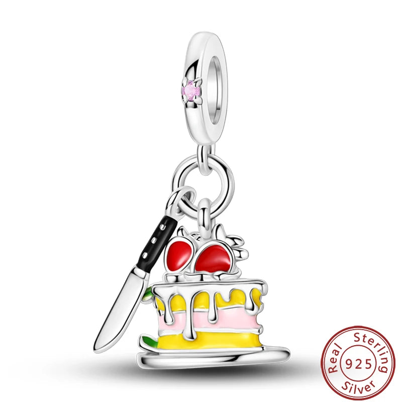 925 Sterling Silver Dessert Afternoon Tea Charm – Coffee, Cake, Pizza & Fries Beads Fit Original Pandora Bracelet DIY Jewelry