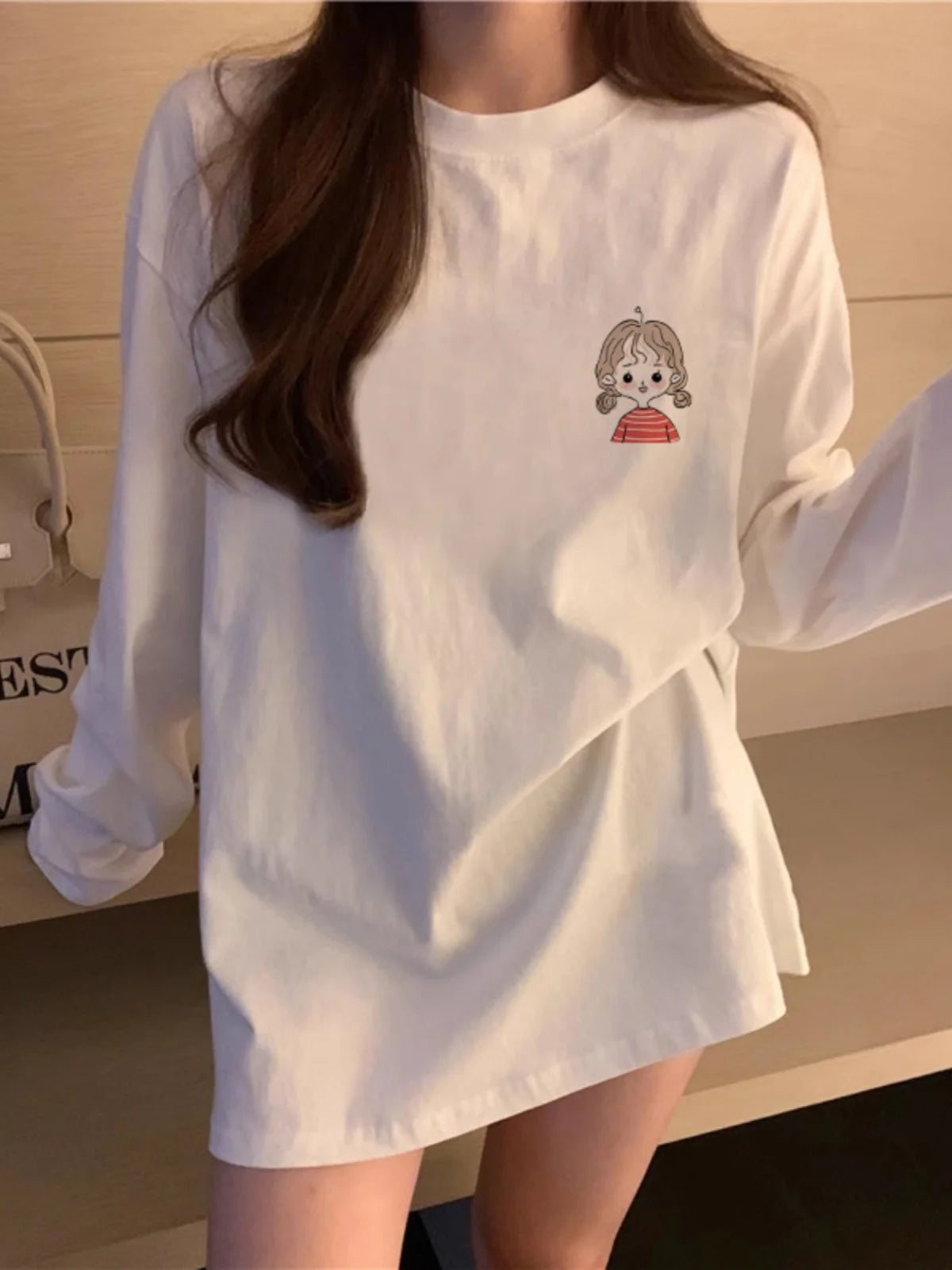 Women’s Long Sleeve Cotton T-Shirt | Fleece-Lined White Base Layer | Loose Fit Autumn Inner Wear