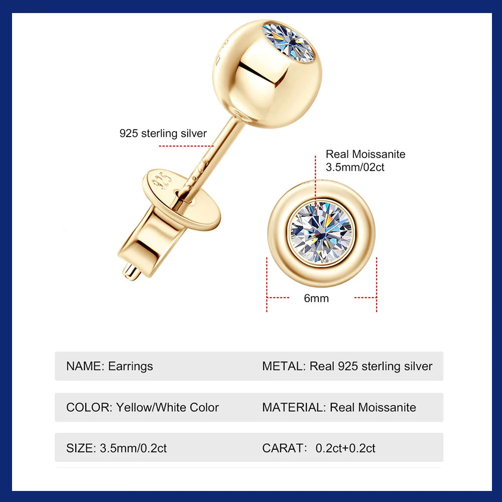 0.2ct Moissanite Bubble Stud Earrings – 925 Sterling Silver 18K Yellow Gold Plated Unisex Jewelry