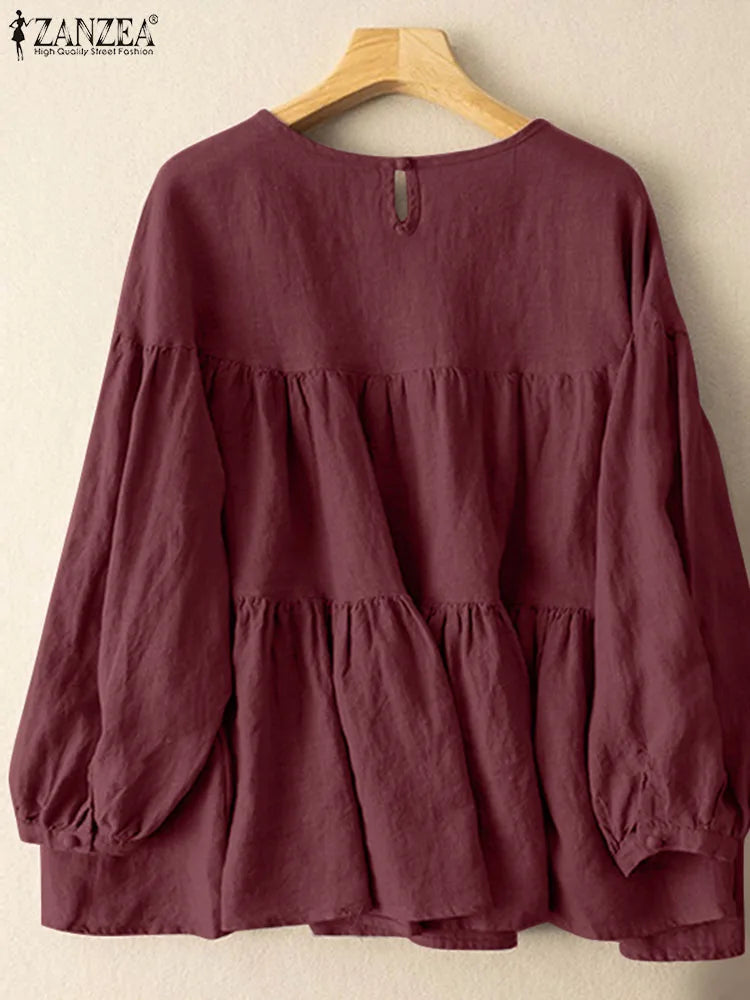 ZANZEA Autumn Vintage Cotton Blouse – Women Long Sleeve O-Neck Casual Solid Shirt 2023 👗✨