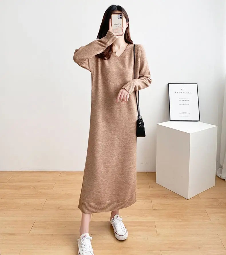 Ladies’ Knitted V-Neck Dress – Loose Fit Base Layer Skirt, Casual Straight Tube Korean Style Autumn Winter Dress