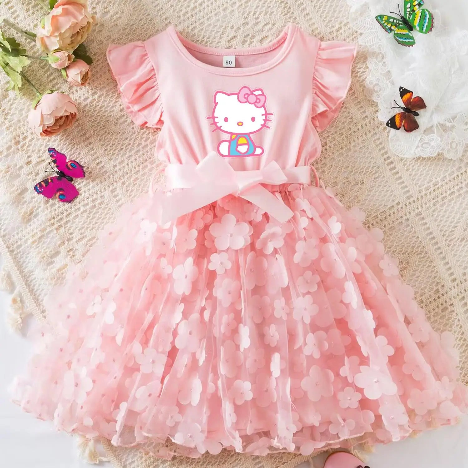 Hello Kitty Girls Tulle Flower Princess Dress | Wedding & Party Tutu Dress | Sleeveless Birthday Gift Outfit