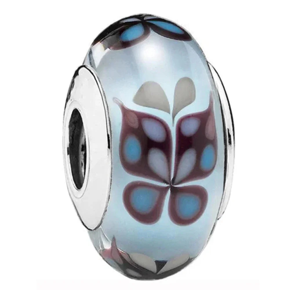 Original Murano Glass 925 Sterling Silver Butterfly Flower Leaf Rainbow Charm Bead | Cosmic DIY Bracelet Jewelry Gift for Women