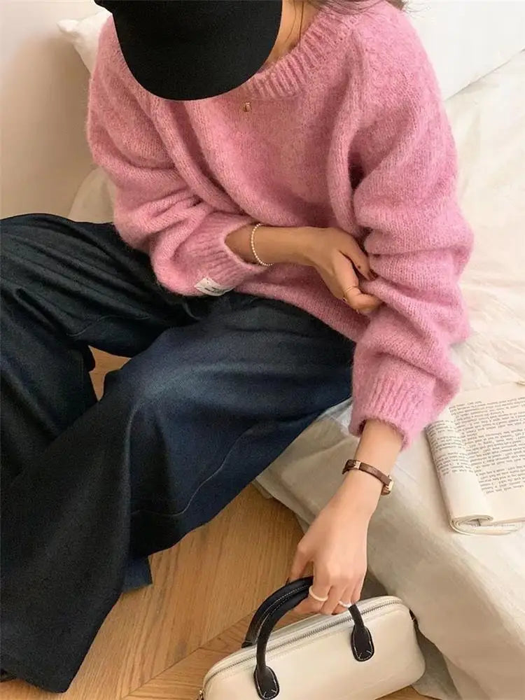 Loose Women’s Blue Sweater | Korean Casual Knitwear | Spring Autumn Round Neck Pullover