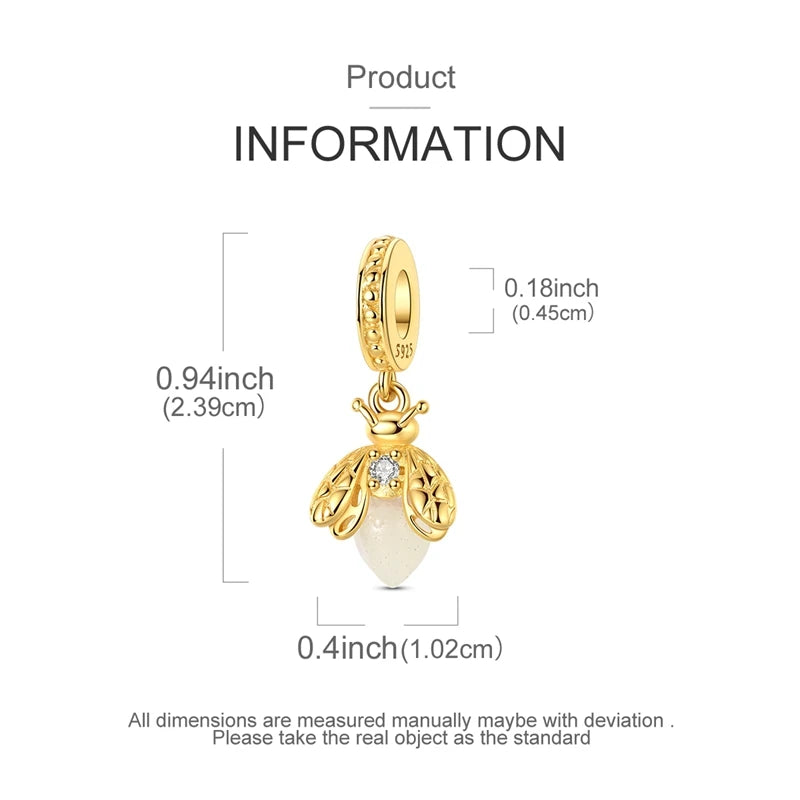 925 Sterling Silver Luminous Golden Firefly Charms | Sparkling Bee & Cat Dangle Beads Fit Original Bracelet DIY Jewelry Gift