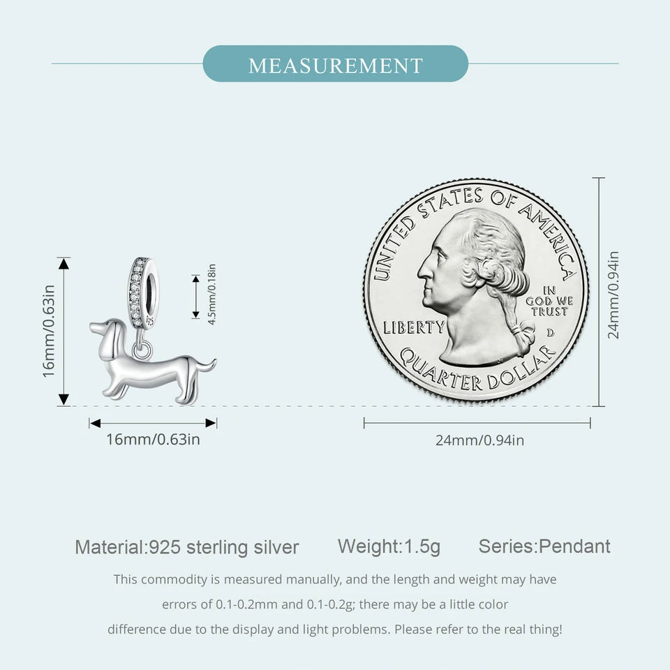 BISAER 925 Sterling Silver Dog Charm | Cute Dachshund Pet Bead Pendant for Women’s DIY Bracelet Jewelry