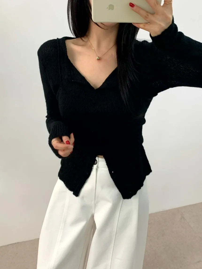 Simple round Ne Button up Knit Sweater Strap Set Casual Sle Polyester Fiber Open Cardigan for Women Autumn Winter ential