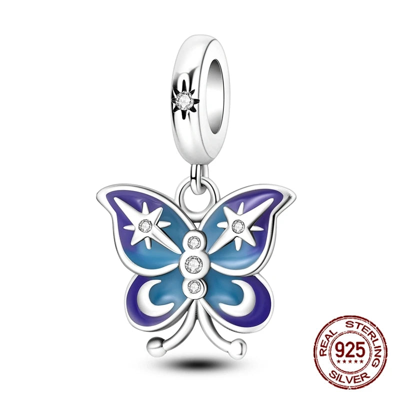 925 Sterling Silver Blue Series Charm | Dragonfly, Butterfly, Bird & Pansy Flower Pendant for 4MM Bracelet