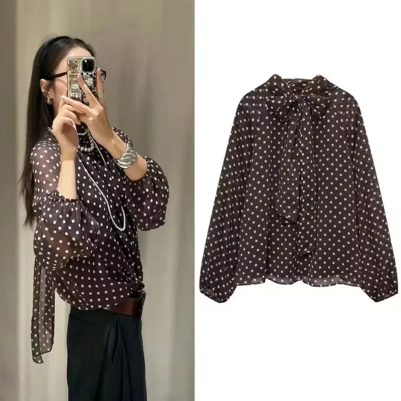 Women’s Long Sleeve Bow Collar Blouse – Elegant Dot Print Shirt Tops 👚✨
