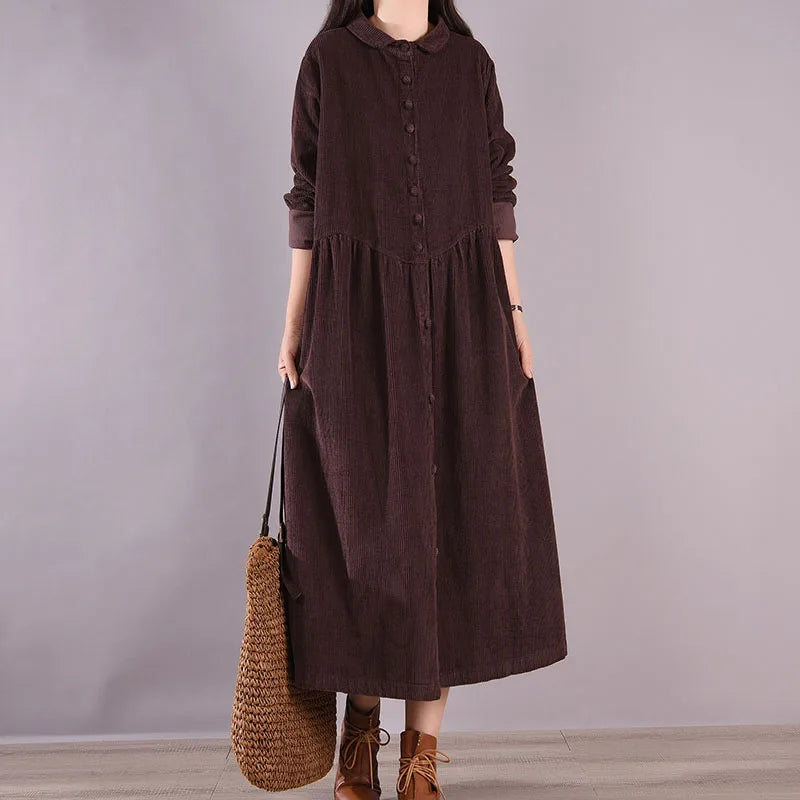 Retro Pure Color Corduroy Dr Loose Casual Long irt Dr Women's A-Line Skirt Long Sve  Collar Single Button Closure