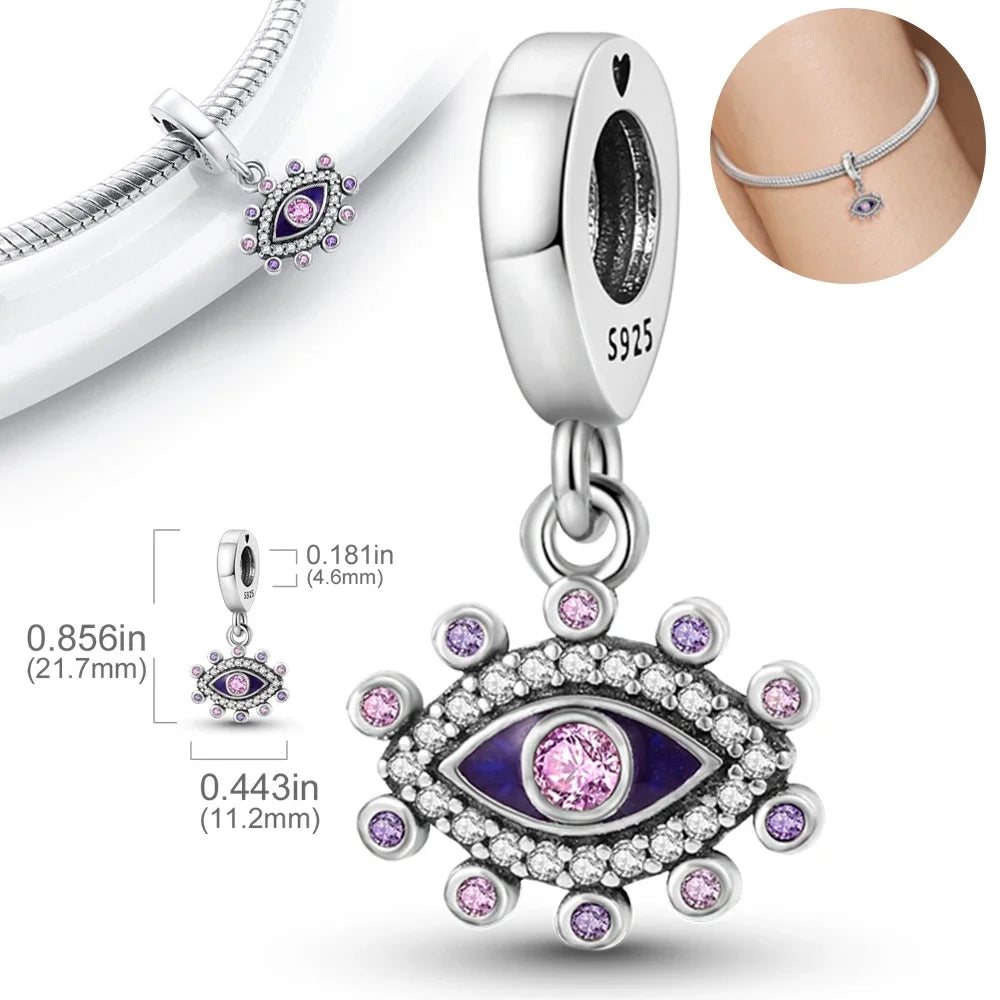 925 Sterling Silver Purple Flower & Butterfly Dangle Charm | Bead for 4MM Bracelet or Necklace DIY Jewelry Gift