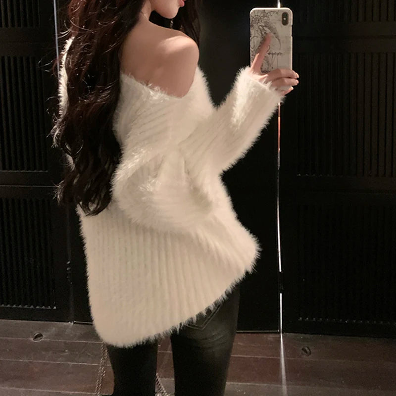 Fuzzy Knit Sweater for Women – Soft Fluffy Boat Neck Tunic Top | Rib-Knit Fitted Plain Jumper Autumn Winter Basic Outfit