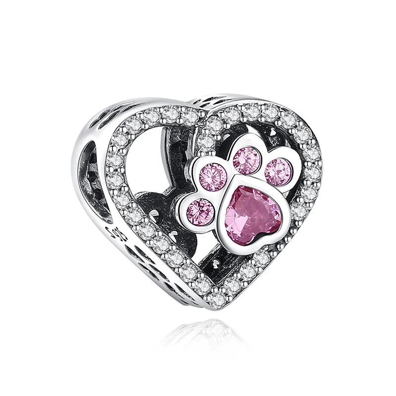 Original Sterling Silver Pet Paw Charm | Love Dog Cat Print Beads for Pandora Bracelets & DIY Jewelry