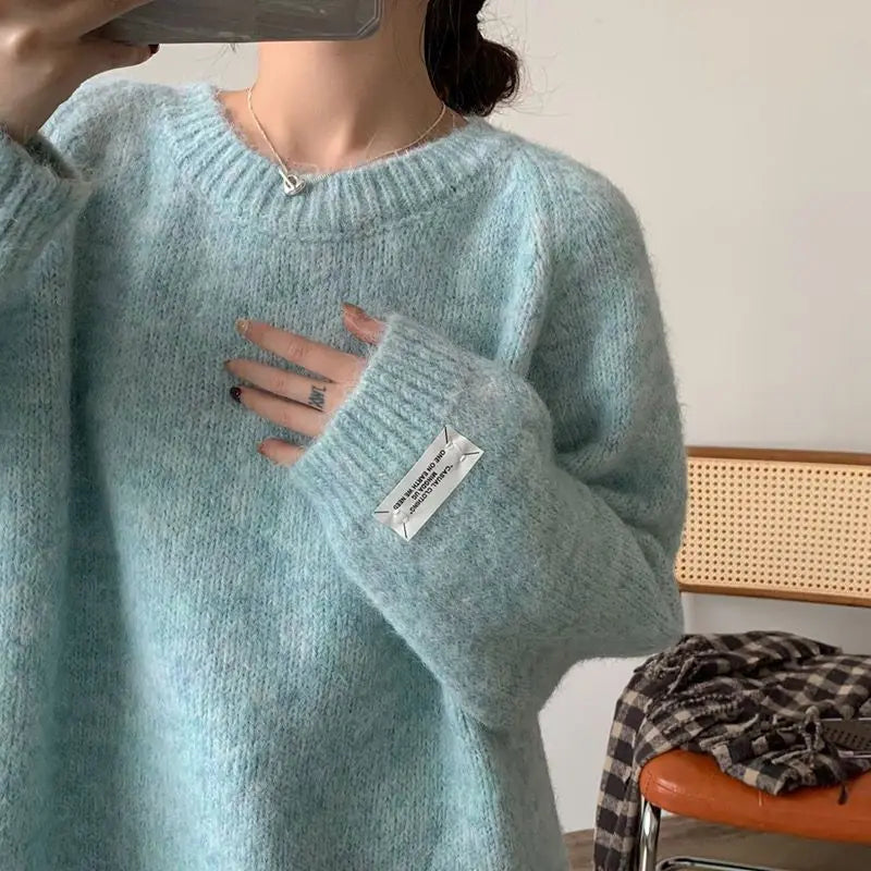 Loose Women’s Blue Sweater | Korean Casual Knitwear | Spring Autumn Round Neck Pullover