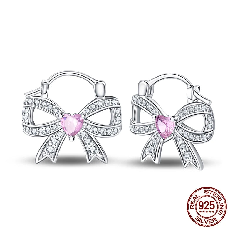 925 Sterling Silver Sweet Bow Heart Zircon Hoop Earrings | Women’s Shining Proluxy Fine Jewelry Gift for Engagement & Birthday