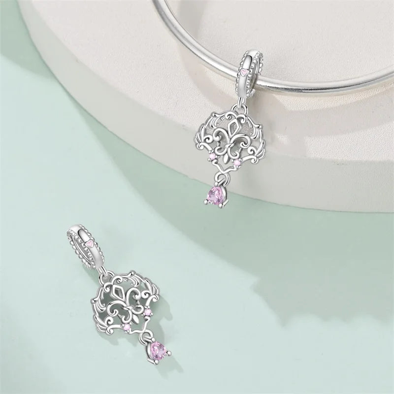 925 Silver Plated Magic Mirror Princess Angel Pink Charm Beads | Fits Original Pan 925 Bracelet | Exquisite DIY Jewelry