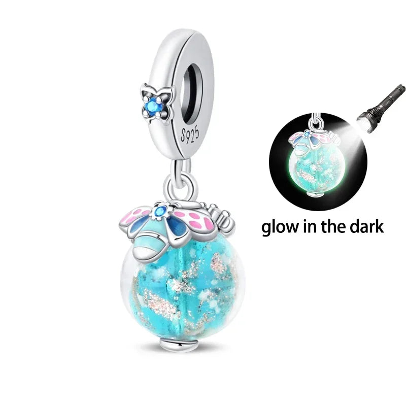 925 Sterling Silver Luminous Fairy Cat Owl Dragon Glass Charm | Original Design Bead for Bracelet DIY Jewelry