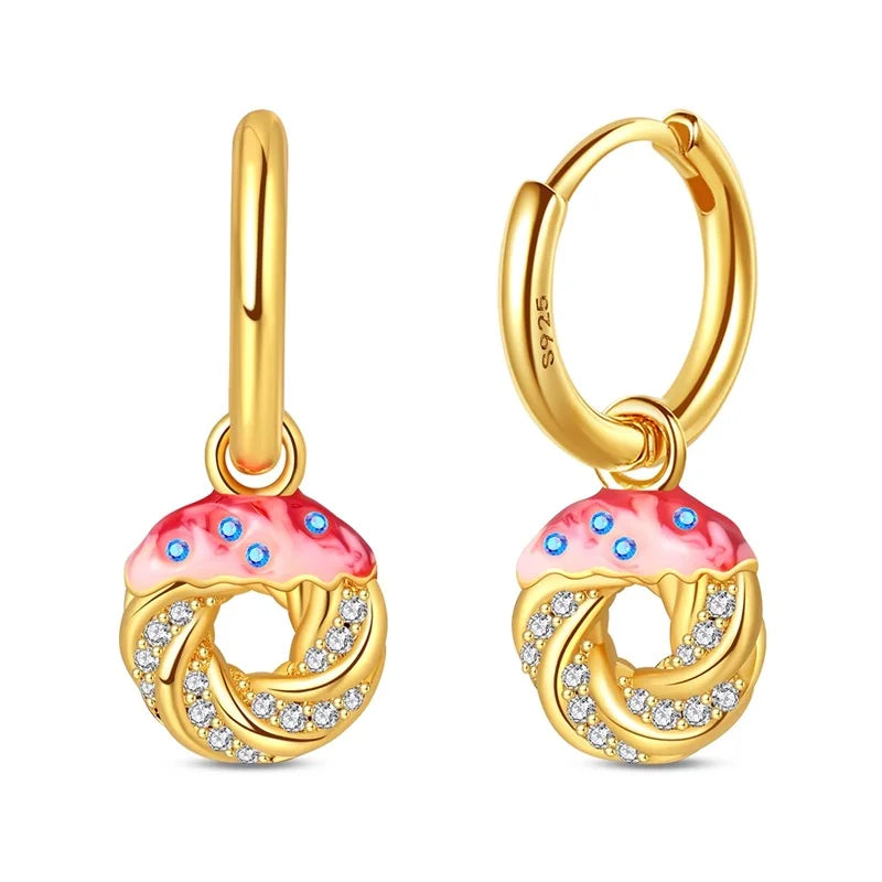 Original 925 Sterling Silver Fruit Series Earrings | Cherry & Strawberry Zircon Hoop Studs for Women Girls Party Jewelry