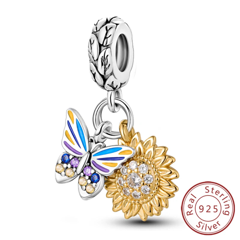 New 925 Sterling Silver Sunflower Heart Charm Bead | Original Bracelet DIY Jewelry Gift for Women