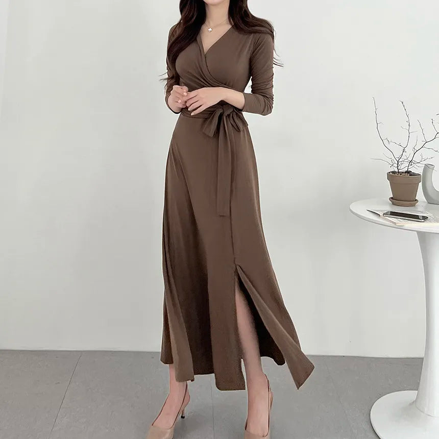 ✨ Slimming V-Neck Cross Wrap Long Dress 👗 Women's Base Layer Dress 🌸 Belted Waist Split Long Sleeve Colorful Commute Wear