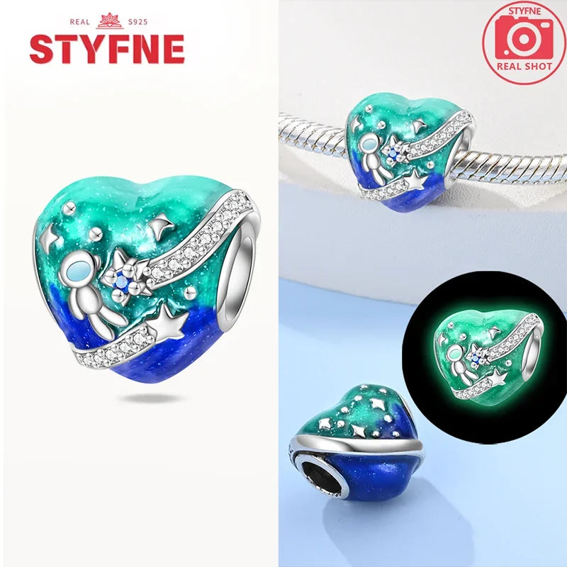 925 Sterling Silver Luminous Rabbit Astronaut Spaceship Charm – Fits Original Bracelet DIY Jewelry Gift for Women