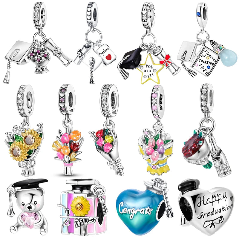 925 Sterling Silver Graduation Charms – Colored Bachelor’s Hat & Flower Beads Fit 4MM Bracelets Jewelry Gift