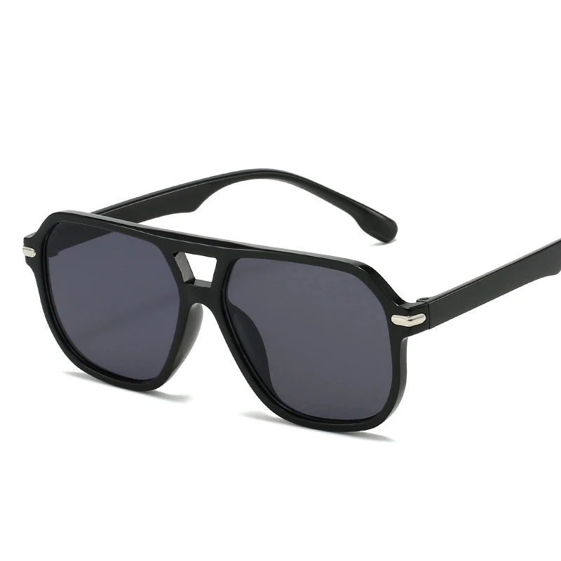 Retro Big Frame Square Sunglasses – Women & Men Double Beam One-Piece Designer Pilot Sun Glasses | Black Circular Cool Shades